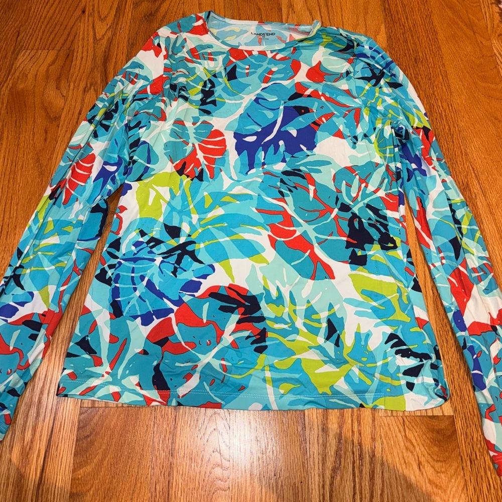 Lands' End Blue and Red Leaf Print Swim Shirt